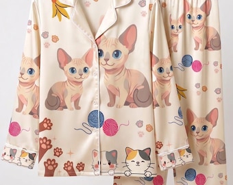 Satijnen pyjamaset Sphynx Cat | Familienachtkleding, loungekleding met lange mouwen