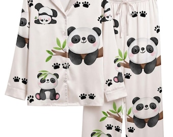 Uroczy komplet piżamowy z pandą, Kawaii Panda Sleepwear, Satynowa piżama z nadrukiem zwierzęcym, Przytulny komplet wypoczynkowy, Prezent dla miłośnika pandy, Estetyczna piżama