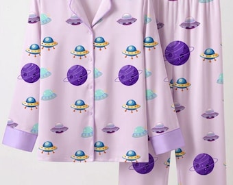 UFO Galaxy Satin Pyjama Set | Cosmic Print Button Up Loungewear