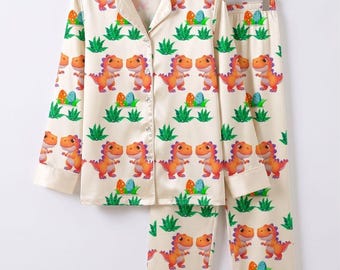 Family Matching Dinosaur Pajamas | Cartoon T-Rex Satin Sleepwear