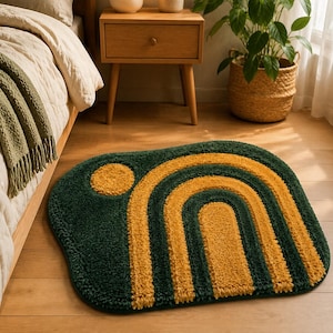 Smaragdgroene getufte muismat, handgemaakte bureauonderlegger met boogpatroon, gouden geometrische accentmat, moderne studiekamerdecoratie