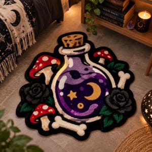 May include: A tufted rug shaped like a potion bottle with a cork stopper, featuring a purple liquid interior with a yellow crescent moon and star. The design includes red and white spotted mushrooms, black roses, green leaves, and white bones.