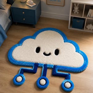 May include: A tufted area rug shaped like a white cloud with a blue border and a smiling face featuring black eyes and a mouth. The rug includes a blue geometric circuit-like extension at the bottom with three circular white and blue accents.