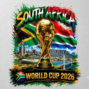 Puede incluir: Una ilustración gráfica que presenta el trofeo dorado de la Copa del Mundo centrado sobre la bandera de Sudáfrica, un horizonte urbano y un puente. El texto "SOUTH AFRICA" aparece arriba y "WORLD CUP 2026" en la base con un balón.
