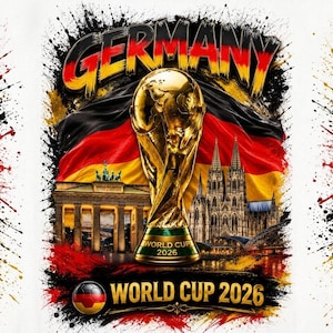 May include: A graphic design featuring the word GERMANY in black, red, and yellow, a gold World Cup trophy labeled WORLD CUP 2026, the Brandenburg Gate, Cologne Cathedral, and a German flag, with paint splatter effects and WORLD CUP 2026 text.