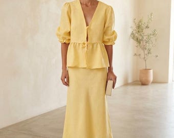Women's 2 Piece Skirt Set Cotton, V Neck Bubble Sleeve Top Maxi Skirt, Matching Summer Vacation Boho Resort Co-Ord Outfit, Gift for Her