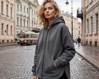 Women's Hooded Jacket, Oversized Zip Up Hoodie, Casual Autumn Coat, Loose Sweatshirt, Chic Office Lady Outerwear, Long Sleeve Top, Zipper
