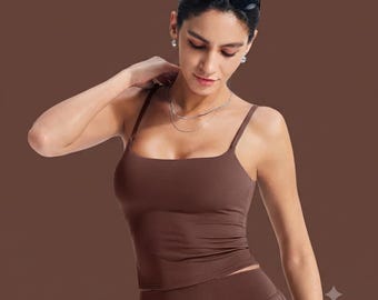 Camiseta de tirantes para mujer con sujetador incorporado, top corto de yoga con escote cuadrado y espalda descubierta, camisola acolchada para entrenar, ropa deportiva, regalo para ella.