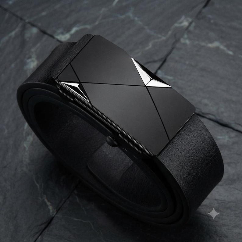 Men's Leather Belt Automatic Buckle, PU Dress Belt for Business Casual Work Party, Slim Fashion Waist Belt, Gift for Him Dad WYP DJ Silver
