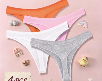 Women's Cotton Seamless Panties Set, Low Rise V Waist Thongs, No Show Underwear, Breathable Soft Lingerie 4PCS