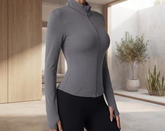 Women's Fitness Jacket, Quick Dry Sports Top, Long Sleeve Pilates Shirt, Sun Protection Jacket, Stand Collar Activewear, Yoga Workout Top