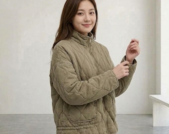 Women's Padded Jacket, Quilted Coat, High Collar Winter Jacket, Lightweight Outerwear, Large Pocket Coat, Vintage Casual Jacket