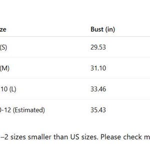 May include: A size chart table titled Size Chart (Asian vs US) comparing Asian sizes XS to L with US sizes 4 to 12. The table lists bust and length measurements in inches. A note at the bottom states that Asian sizes run 1-2 sizes smaller than US sizes.