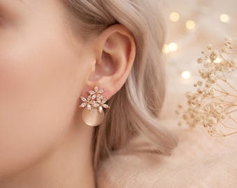 Flower Opal Stud Earrings, Rhinestone Floral Earrings, Small CZ Earrings, Elegant Women's Jewelry, Sweet Gift for Her, Minimalist Earrings