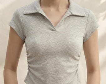 Women's Cotton Crop Polo T-Shirt, Slim Fit Y2K Baby Tee, Short Sleeve Summer Top, Casual Streetwear Cropped Shirt