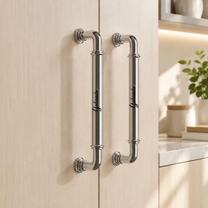 May include: Two vertical, polished chrome cabinet handles with a cylindrical bar design and rounded mounting bases. Each handle features the script text "Yolande" engraved in black on the center of the bar, mounted on light wood cabinet doors.