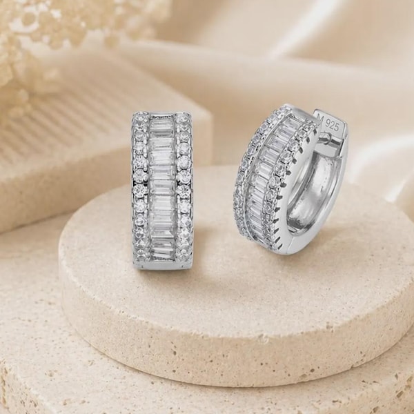 Baguette Moissanite Huggie Hoop Earrings, 925 Sterling Silver