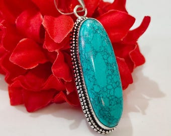 Natürlicher Türkis-Anhänger aus 925er Sterlingsilber, handgefertigte ovale Boho-Edelsteinkette