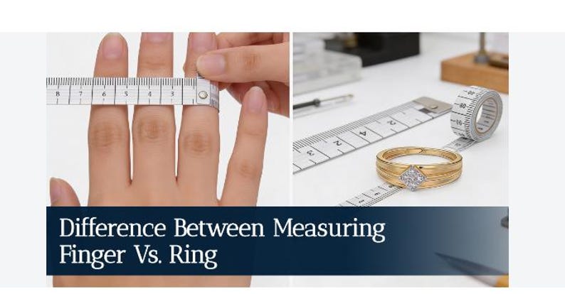 K&ouml;nnte beinhalten: Ein goldfarbener Ring mit einer quadratischen Fassung, die kleine klare Steine enth&auml;lt. Das Bild zeigt einen Vergleich zwischen dem Messen eines Fingers und eines Rings mit einem wei&szlig;en Ma&szlig;band, mit dem Text Difference Between Measuring Finger Vs. Ring.