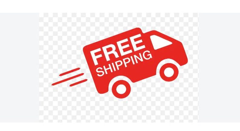 K&ouml;nnte beinhalten: Ein rotes grafisches Symbol eines Lieferwagens, der nach oben geneigt ist, mit drei horizontalen Bewegungslinien dahinter. Das Wort FREE ist in fetten wei&szlig;en Gro&szlig;buchstaben &uuml;ber dem Wort SHIPPING in wei&szlig;en Gro&szlig;buchstaben auf dem LKW gedruckt.
