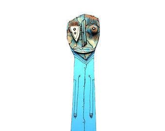 Blue Ceramic & Wood Wall Sculpture: Modern Art Doll