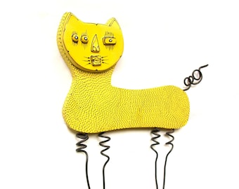 Crazy Cat Sculpture, Yellow cat sculpture, Cat wall sculpture, Cat Wall Art, Abstract cat, cute cat, Weird cat sculpture, art cat sculpture
