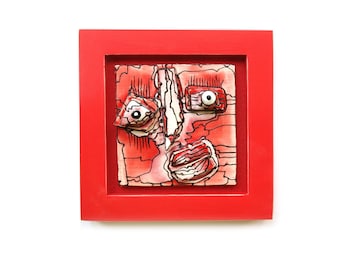 Abstract Ceramic Face Wall Sculpture - Red Assemblage Art