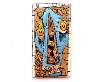 Abstract Ceramic Wall Art Mask: Blue Sculpture
