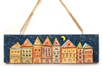 Little colorful houses, Tiny House Village, Little house village, Colorful mini houses, Wall hanging mini houses, little ceramic houses
