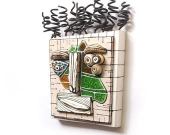 Square wall mask, Crazy art sculpture, Art Assemblage, Wall Ceramic mask, Abstract face, Wire art sculpture, Wall art sculpture, 3D art