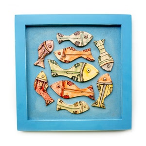 Framed ceramic fish, Colorful ceramic fish, Fish wall sculpture, Colorful wall fish, Crazy fish art, Blue wall fish, Set ceramic fish