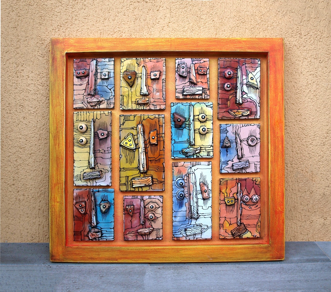 Colorful Wall Sculpture, Abstract Ceramic Faces, Collective Art Gift