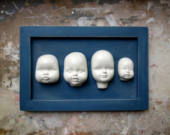 Creepy Porcelain Doll Heads in Indigo Frame - Wall Art
