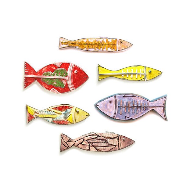 Colorful Ceramic Fish, Set of 6, Pottery Fish, Wall Art ceramic fish, Animal sculpture, Art fish