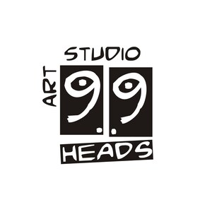 May include: Black and white logo for Art Studio 99 Heads. The logo features two stylized 9s with eyes inside each number.