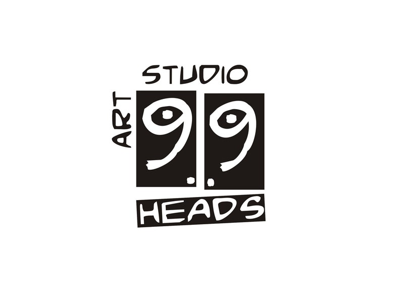 May include: Black and white logo for Art Studio 99 Heads. The logo features two stylized 9s with eyes inside each number.