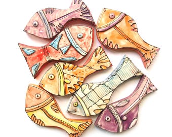 Colorful Ceramic Fish Wall Art: Beach House Decor, Set of 7
