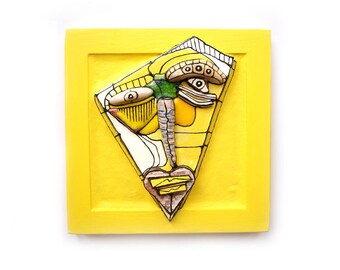 3D sculpture, Yellow mask, Abstract ceramic, Mixed media wall art, Weird face, OOAK sculpture, Crazy art, Funky art, by 99heads