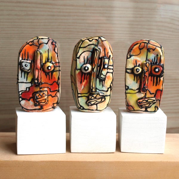 Cubist Ceramic Mini Art Sculptures: Abstract Desk Decor, Set of 3
