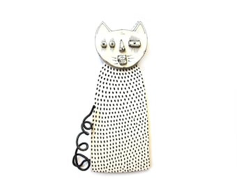 Handmade Black and White Cat Wall Sculpture: Ceramic & Wood Art