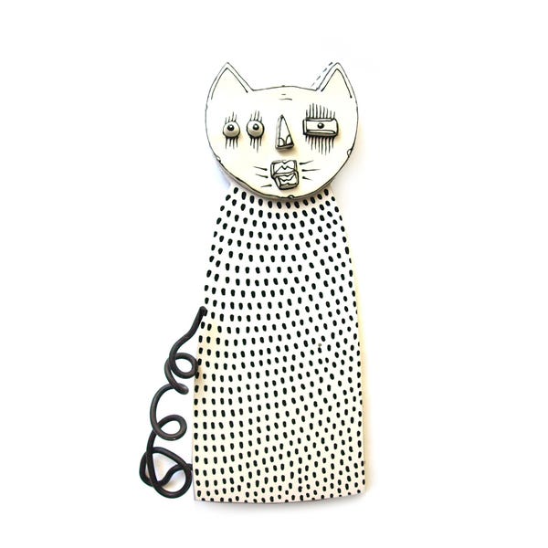 Handmade Black and White Cat Wall Sculpture: Ceramic & Wood Art
