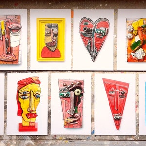 Carte d'arte, Set di 9 carte d'arte, Carte astratte, Carte d'arte moderna, Collezione di 9 carte d'arte, Carte d'arte astratta colorate, Carte di facce pazze