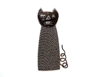 Black Cat Wall Sculpture: Handmade Ceramic & Wood Art