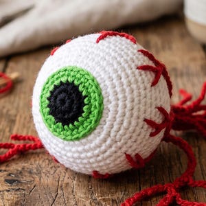 Puede incluir: Un globo ocular de ganchillo esférico con esclerótica blanca, iris verde brillante y pupila negra. La superficie está detallada con bordados de hilo rojo que representan vasos sanguíneos, con varios hilos rojos sueltos que se extienden desde la parte posterior.