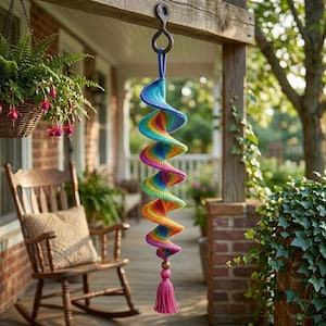 Peut inclure: Une décoration suspendue en forme de spirale faite de fil crocheté dans un dégradé arc-en-ciel vibrant de bleu, vert, jaune, orange et rose. L'ornement comporte une boucle en haut pour la suspension et un pompon rose décoratif en bas.