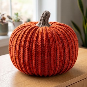 May include: A round, crocheted pumpkin decoration featuring a vibrant orange, ribbed yarn body and a textured, light brown stem. The pumpkin has a soft, stuffed appearance with vertical ridges running from the top center to the base.