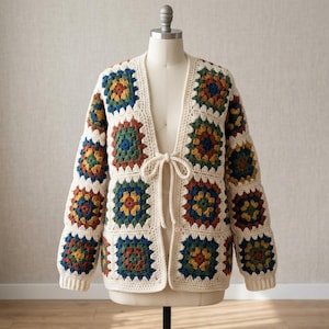 Könnte beinhalten: Eine langärmelige Strickjacke aus cremefarbenem Garn mit einem sich wiederholenden Granny-Square-Muster in Senfgelb, Waldgrün, Marineblau und Rostorange. Das Kleidungsstück verfügt über einen Verschluss zum Binden mit zwei passenden cremefarbenen Schnüren.