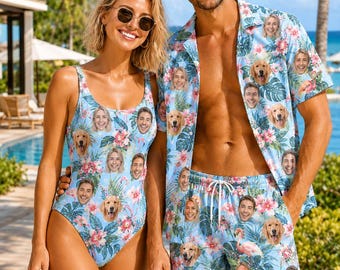 Custom Face Hawaiian Shirt and Swimsuit Set, Personalized Couple Beach Outfit Matching Vacation Clothes, Tropical Honeymoon Gift