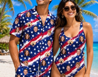 Custom Face Family Matching Swimsuit & Hawaiian Shirt Set, Personalized Beach Outfit, USA Flag Swimwear, Vacation Gift