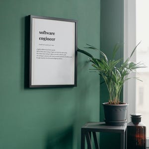 May include: A black framed wall print featuring the dictionary-style definition of a software engineer. The text reads: software engineer, a highly skilled wizard who spends 90% of their time trying to figure out why the code works, 9% of their time trying to figure out why it doesn't, and 1% writing it.